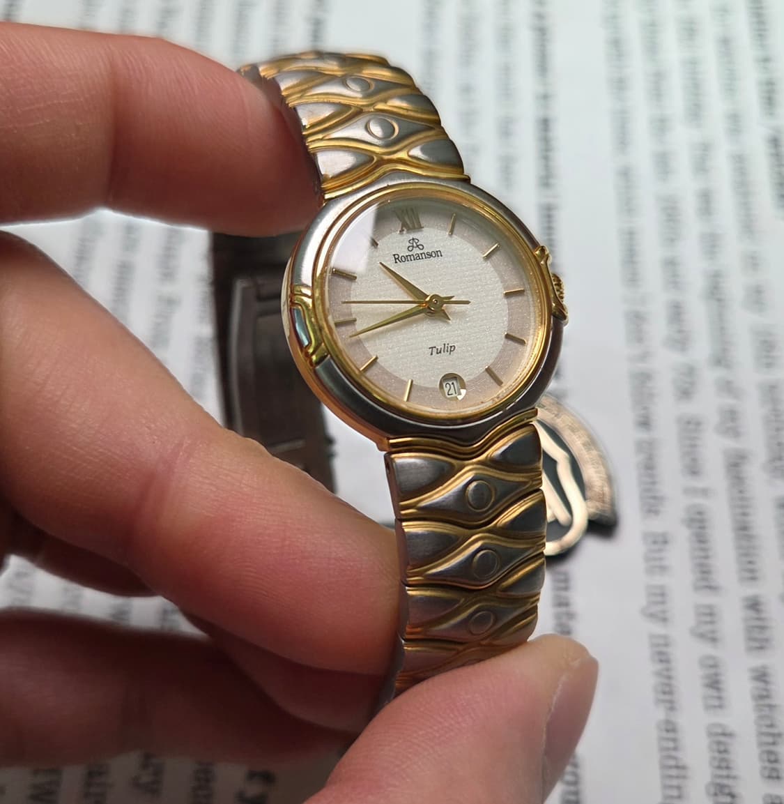 데드스탁] 빈티지 로만손 튤립 투톤 스파클 다이얼 칼침핸즈 쿼츠 여성용 상품이미지4
