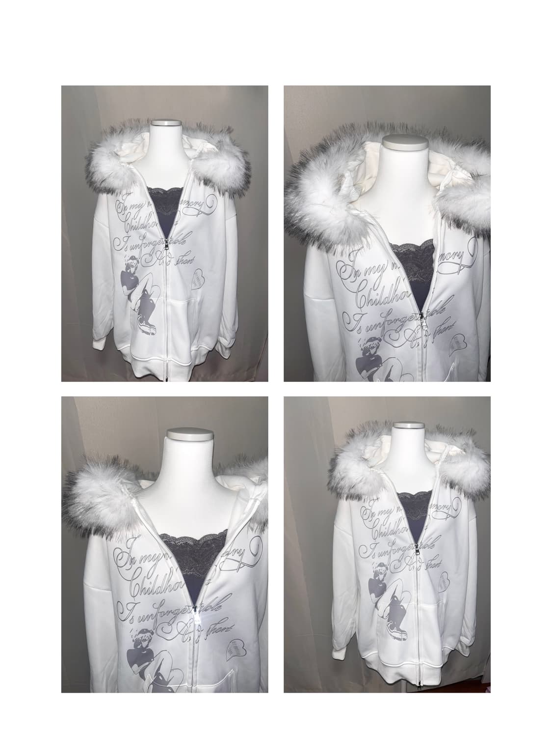 빈티지 레터링 그래픽 화이트 퍼 후드집업 상품이미지2