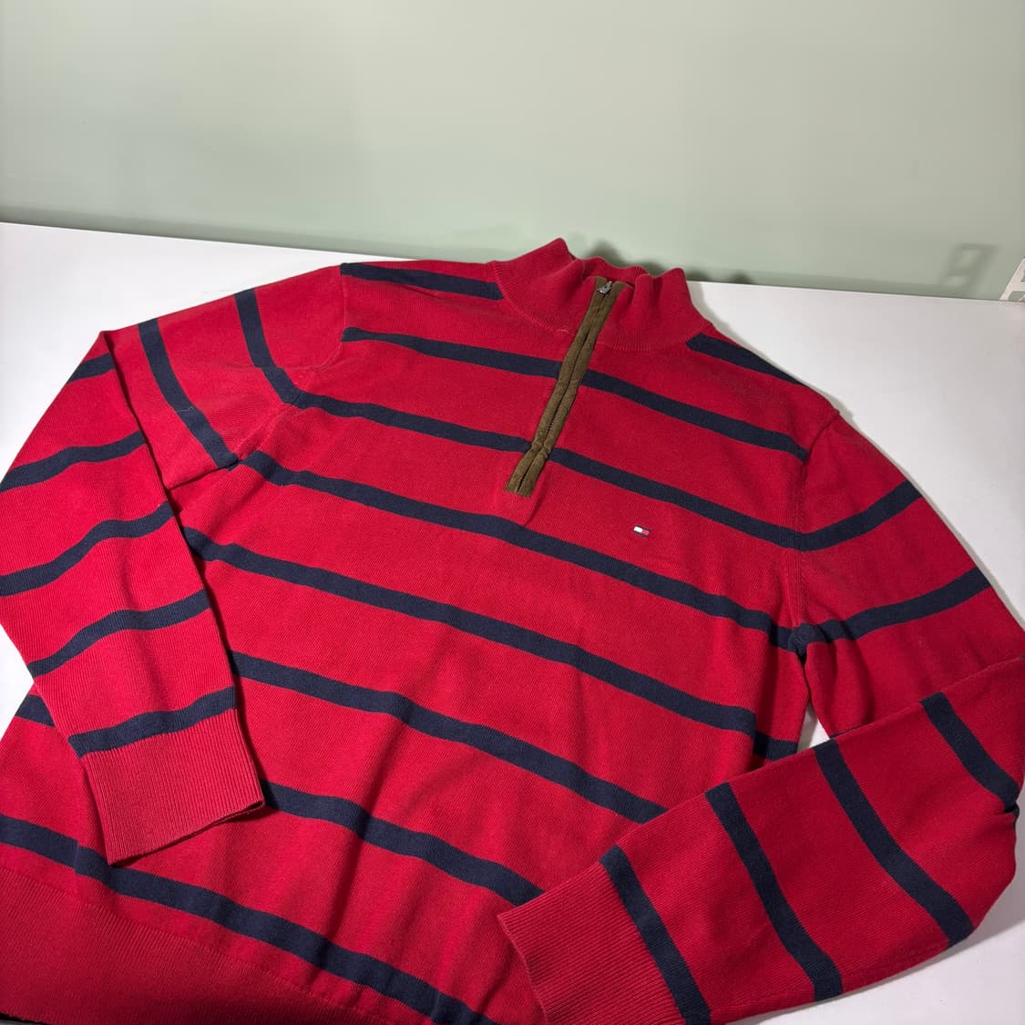 M 타미힐피거 레드 단가라 캐시미어혼방 반집업니트 상품이미지1