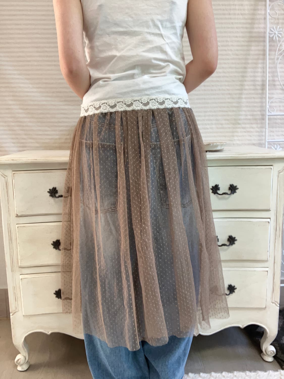 빈티지 베이지 시스루 도트 스커트 y2k 스트릿 갸루 펑키 일본빈티지 상품이미지5