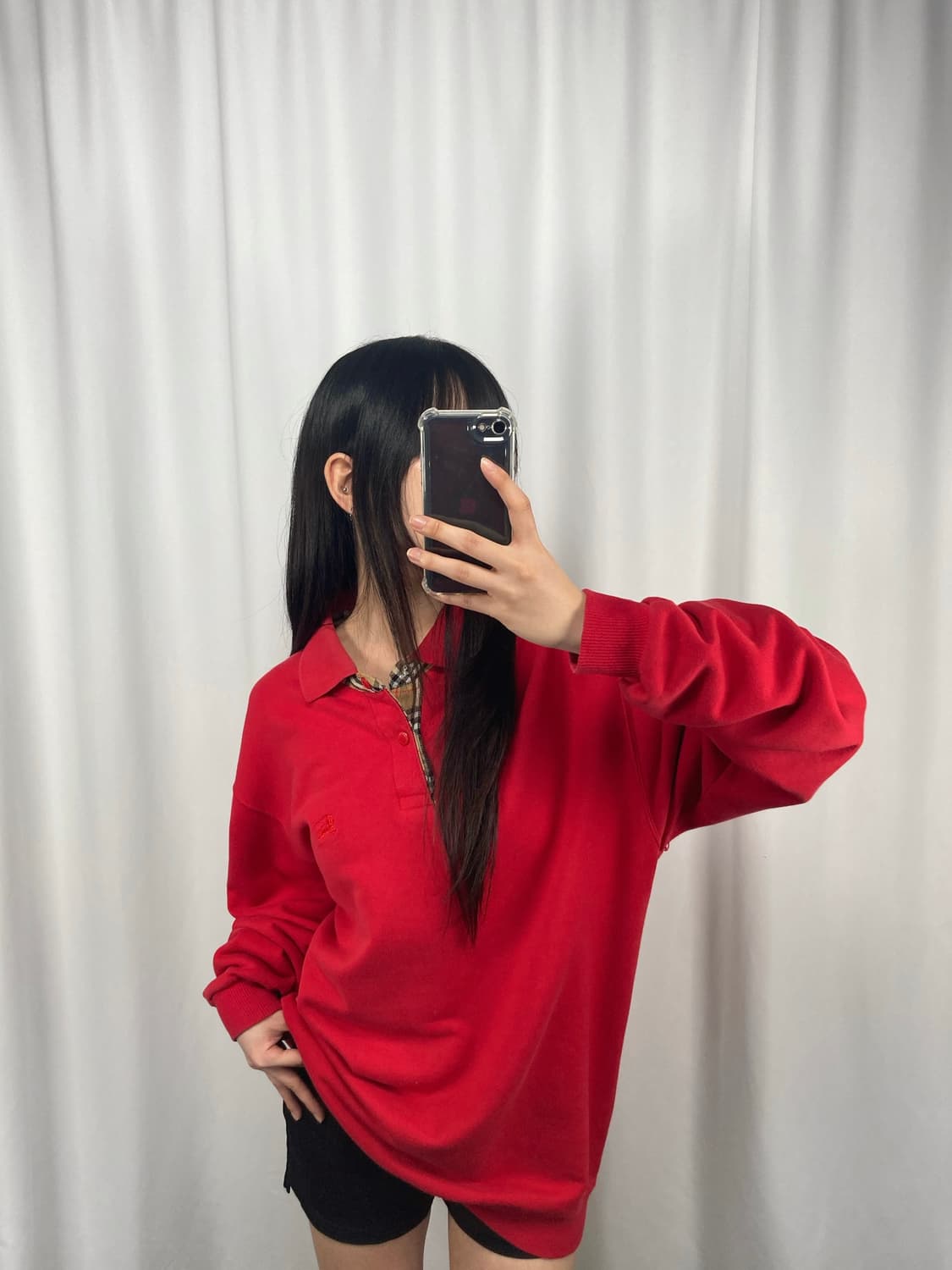 버버리 레드 긴팔 카라티 상품이미지2