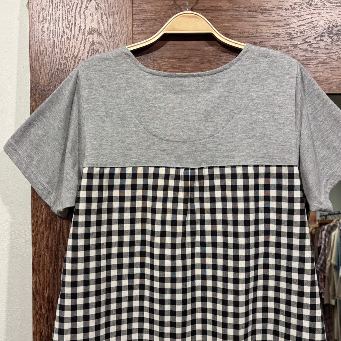 일본 빈티지 코지 그레이 체크 배색 모리 반팔 티셔츠 상품이미지7