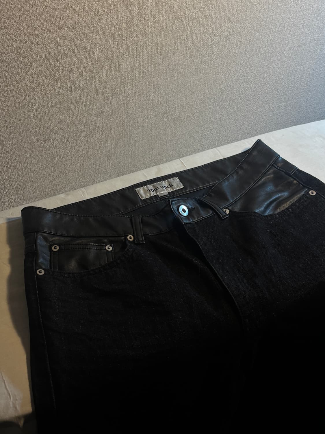 택포/S급) Tonywack 토니웩 블랙 레더 패널 데님 진 팬츠 상품이미지2