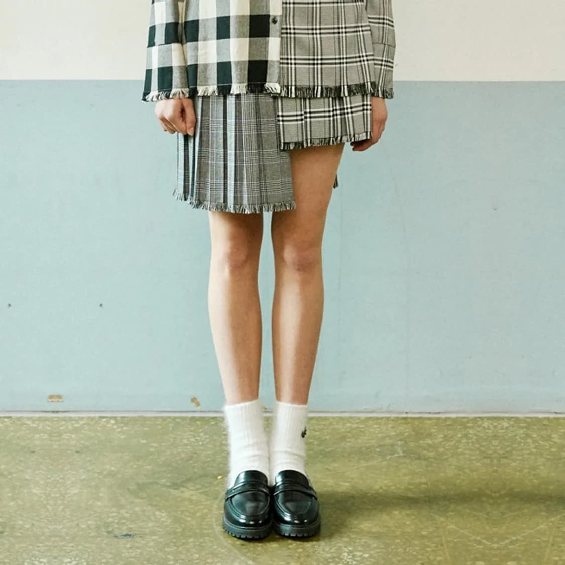 아이아이 체크 믹스 플리츠 스커트 치마 S 상품이미지4