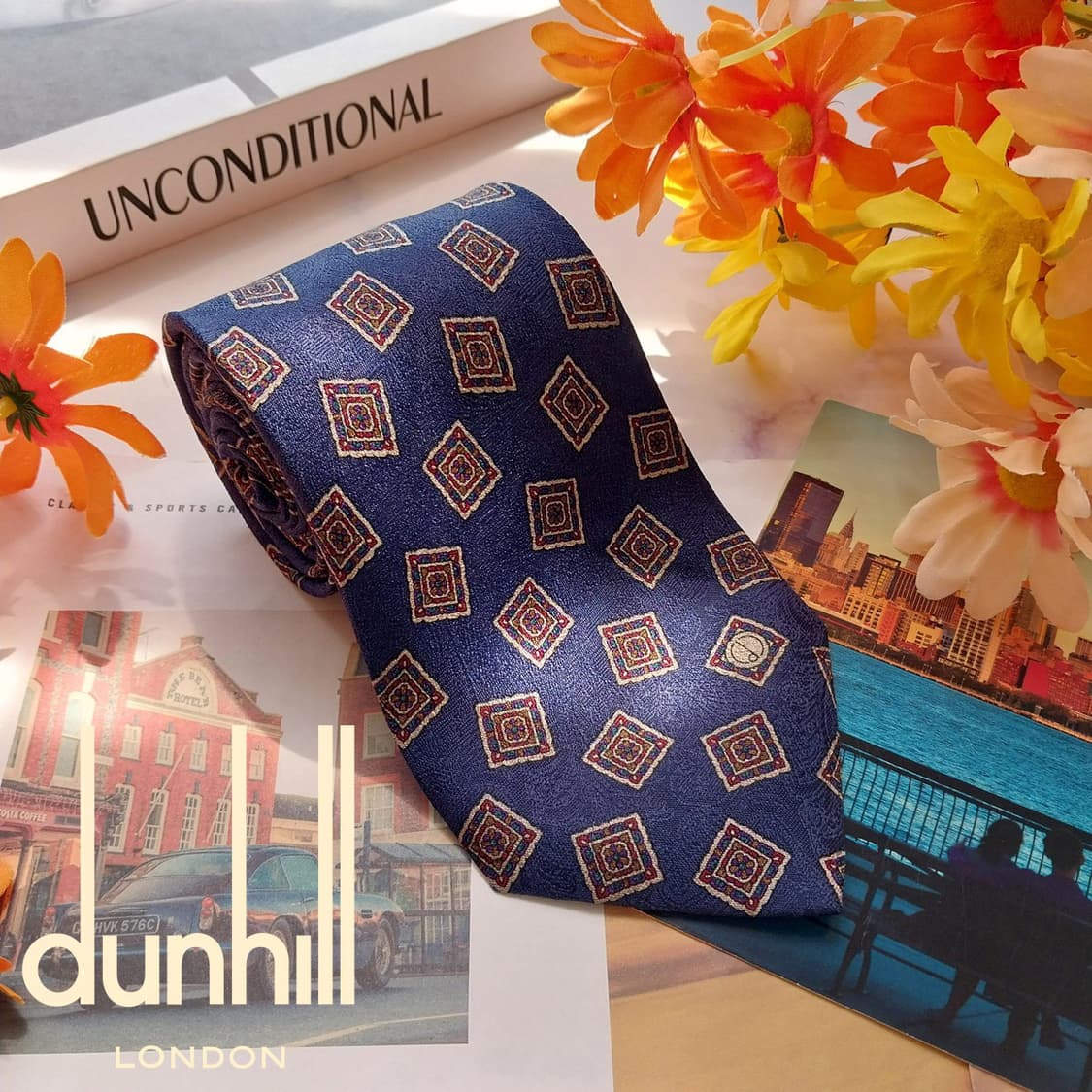 던힐 실크 네이비 기하 패턴 넥타이 9.1cm A등급 K2600 상품이미지1