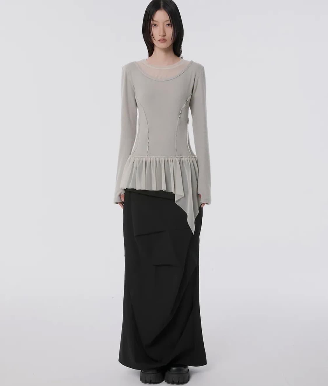 플레어업 레이어드 레이스 프릴 롱 슬리브 그레이 상품이미지2
