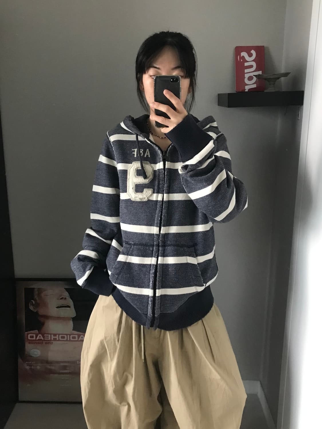 아베크롬비 자수 로고 스트라이프 피그먼트 후드집업 상품이미지1