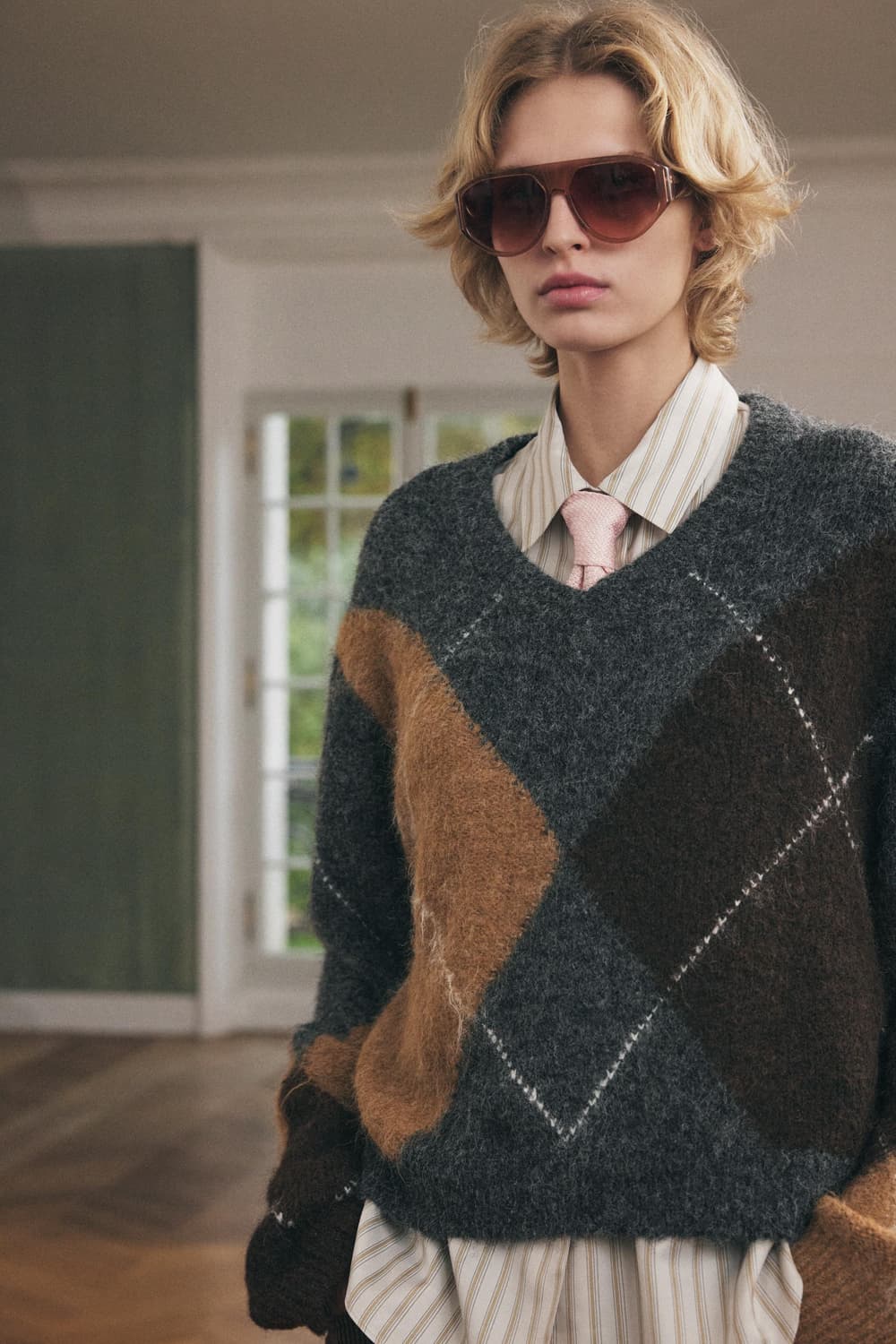 ZARA 자라 울 아가일 브이넥 니트 스웨터 S 상품이미지1