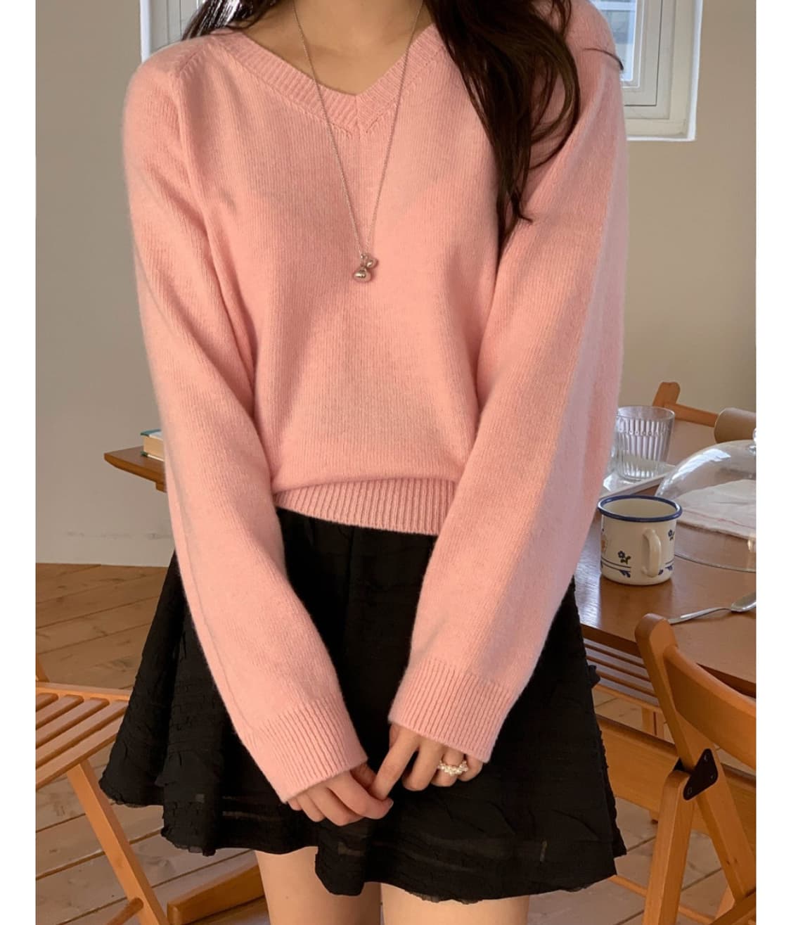 미엘 miel 캐시미어 울 니트 하이 브이넥 니트 핑크 상품이미지1