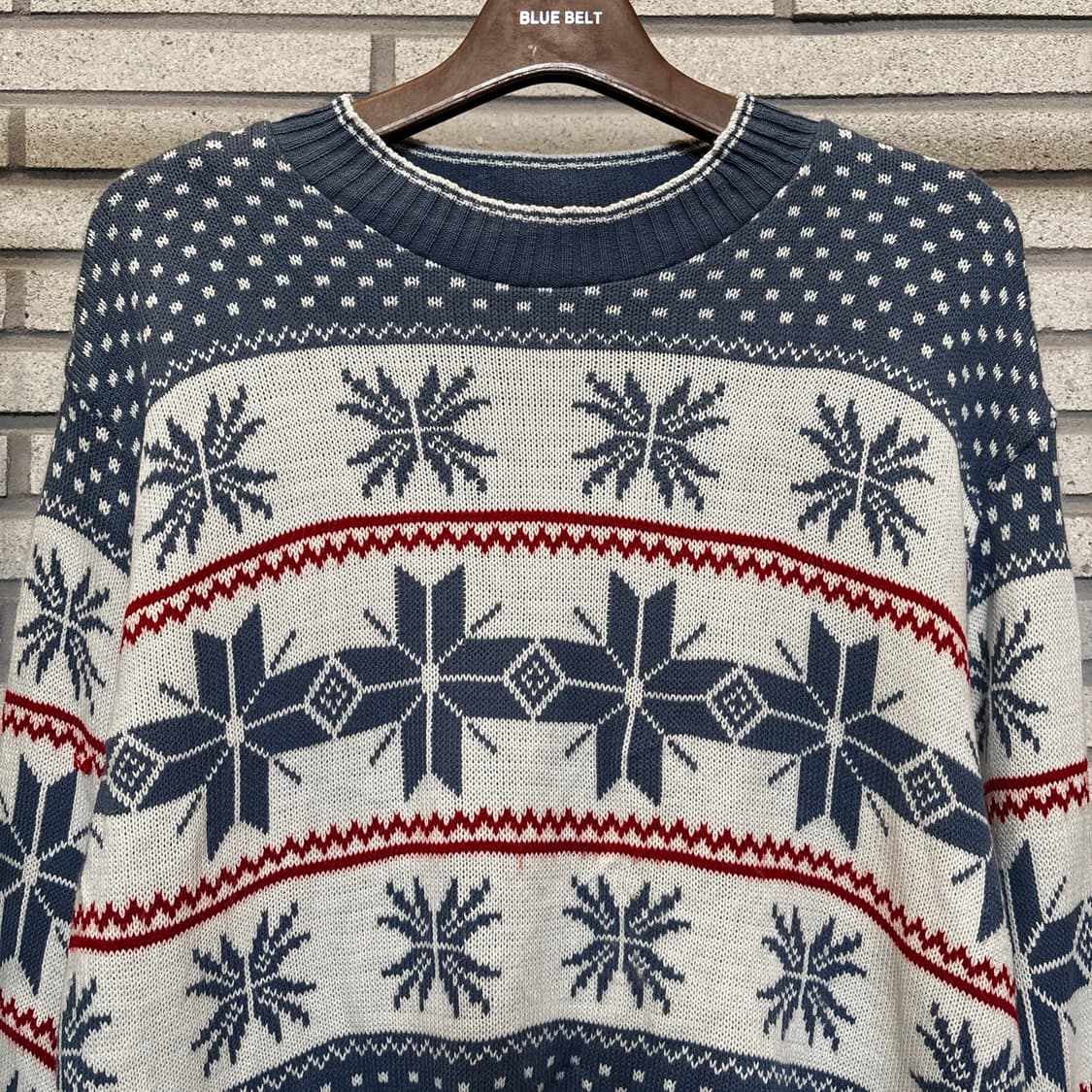  EURO VINTAGE 리브넥 노드릭 스웨터 도트 스노우 디테일 블루 상품이미지4