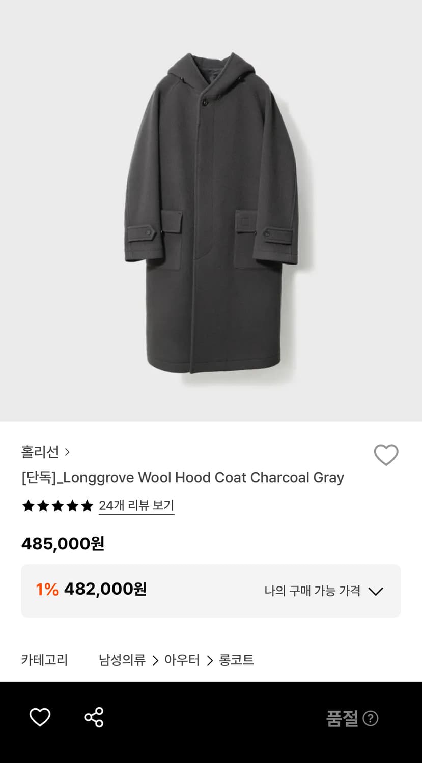 22fw 홀리선 후드코트 차콜그레이 M 상품이미지1