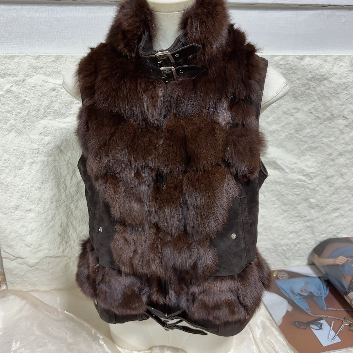 빈티지 커피브라운 여우털 폭스퍼 되지가죽 베스트 상품이미지2