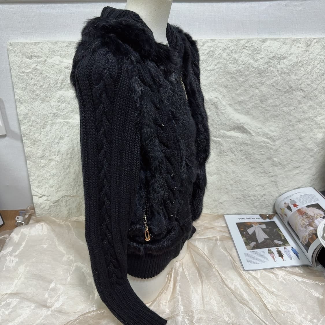 빈티지 블랙 큐빅 꽈배기 토끼털 니트자켓 후드집업 상품이미지2