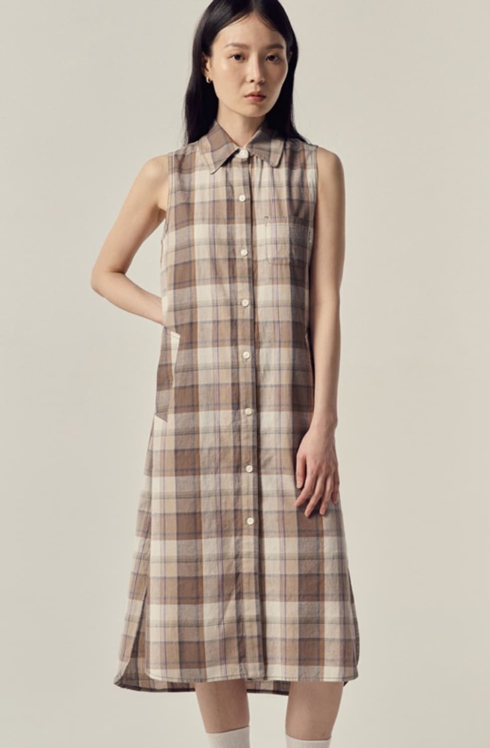 Steven Alan 체크 셔츠 원피스 브라운 상품이미지4