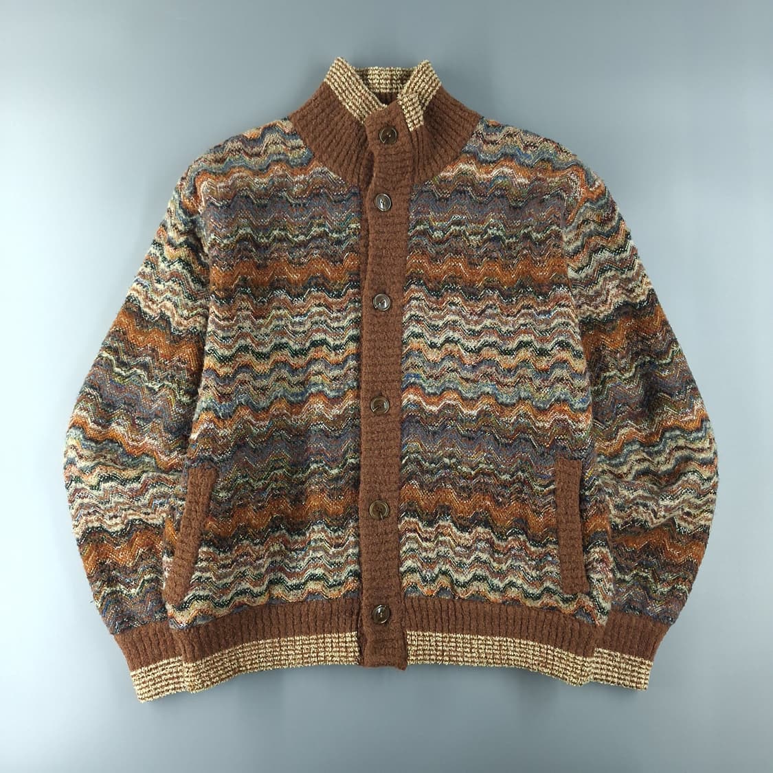CAPERDONI 브라운 멀티컬러 에스닉 지그재그 패턴 하이넥 가디건 L 상품이미지3