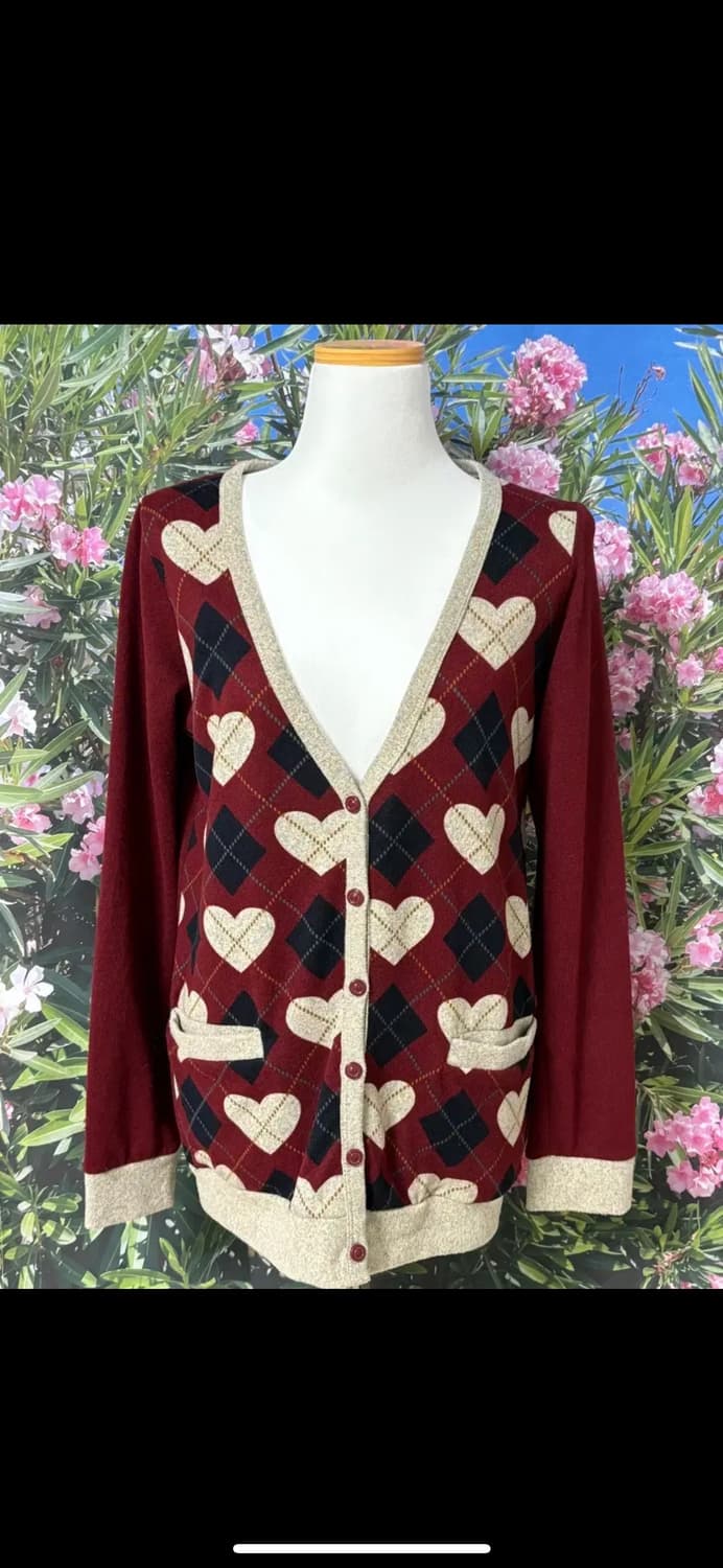 아가일 하트 패턴 레드 가디건 상품이미지1