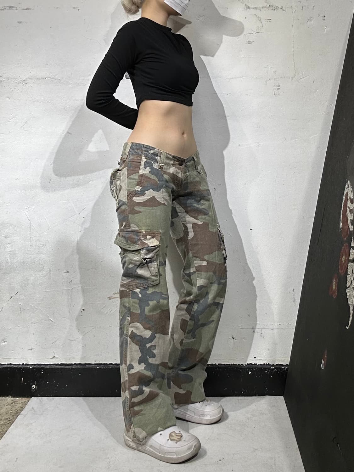 일본 빈티지 카키 미드라이즈 와이드 밀리터리 카모 카고 팬츠 부츠컷 바지 상품이미지1