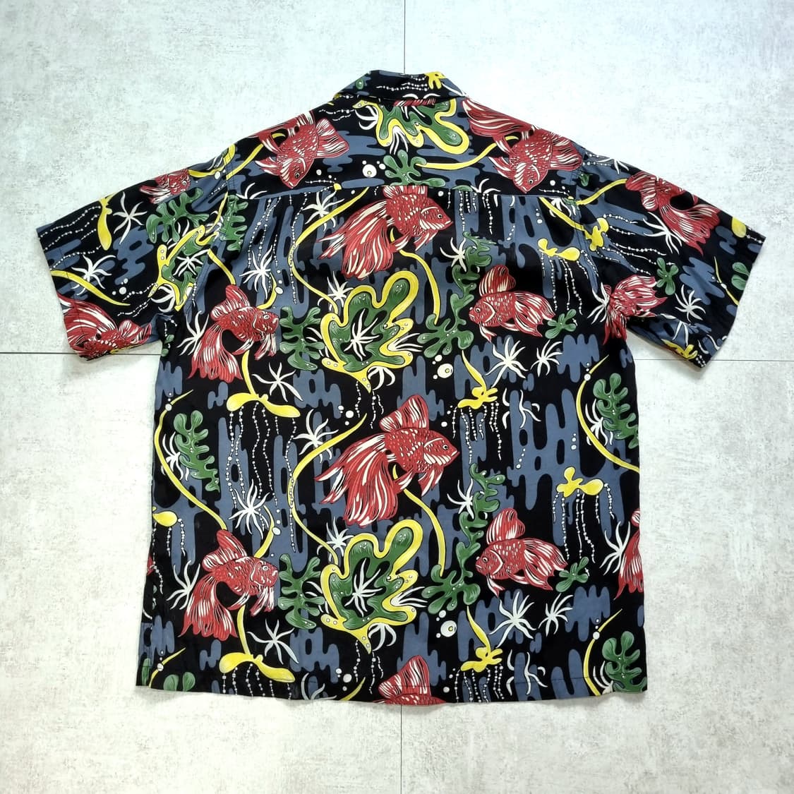 80s USA 카메하메하 금붕어 패턴 하와이안 셔츠 M, 105sz 상품이미지5