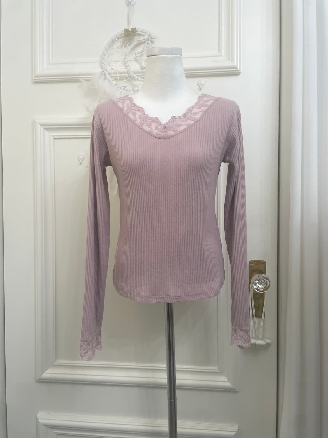 pink lavender lace point rib top(size-F) 상품이미지1