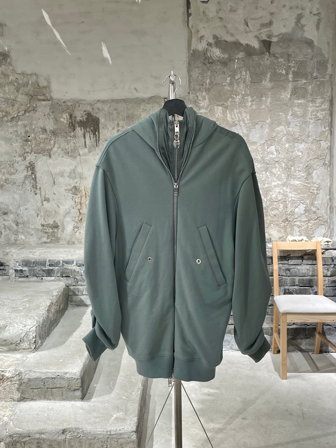 디젤 민트 그린 백 패널 레이어 드레이핑 슬리브 후디 집업 상품이미지1