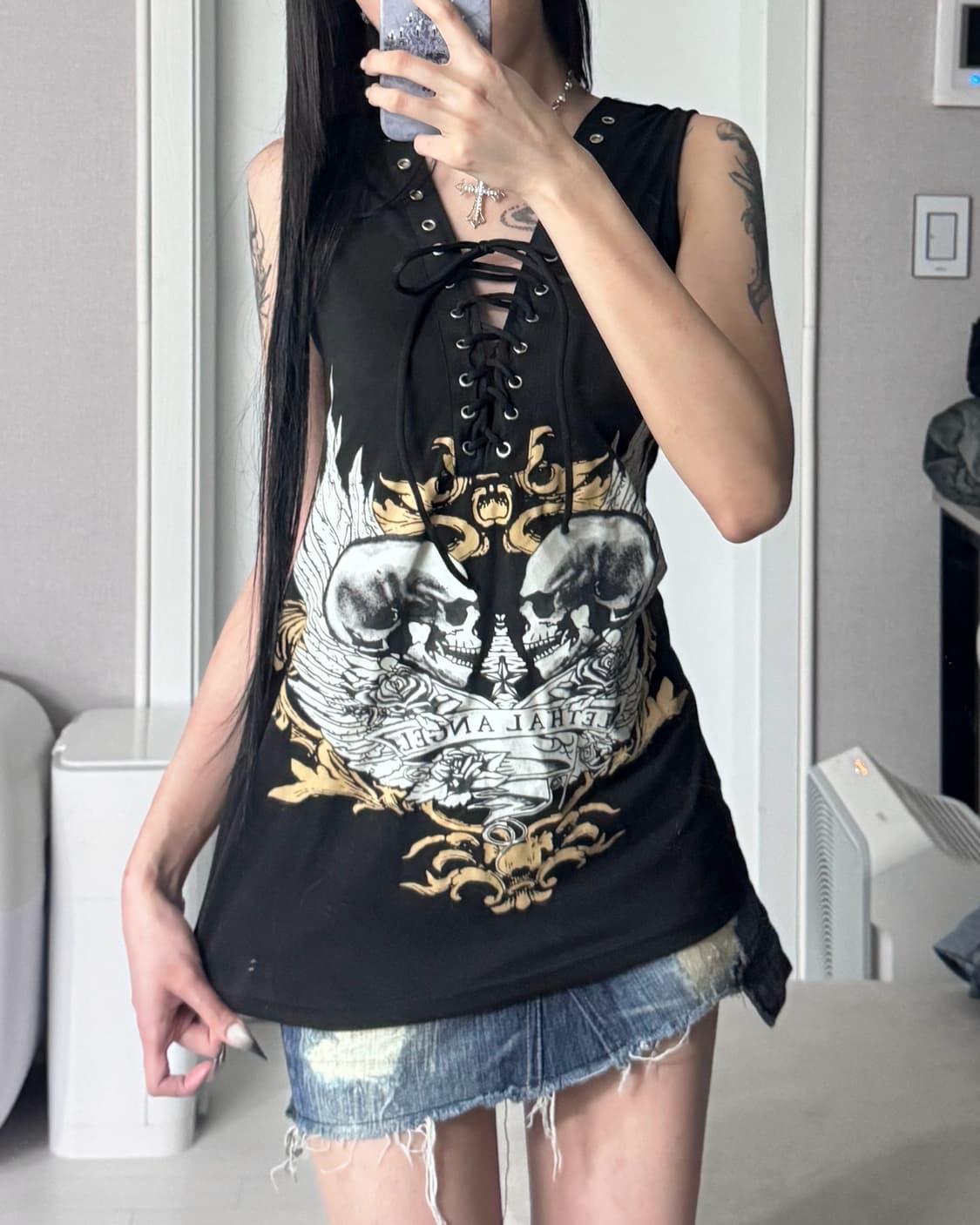 ༒ Skull print eyelet sleeveless 상품이미지2