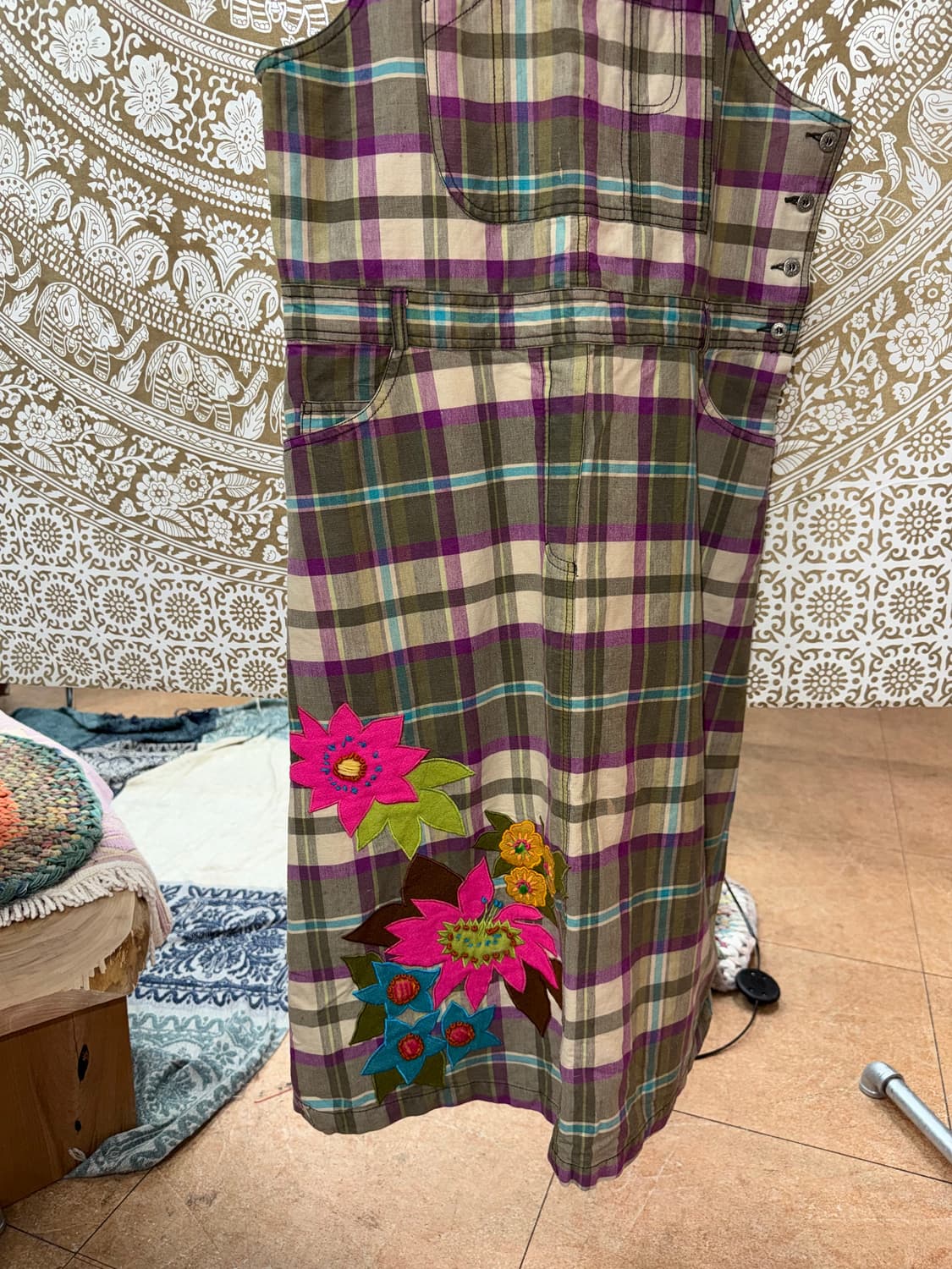 오일릴리 여성 패치 체크 멜빵스커트  상품이미지3