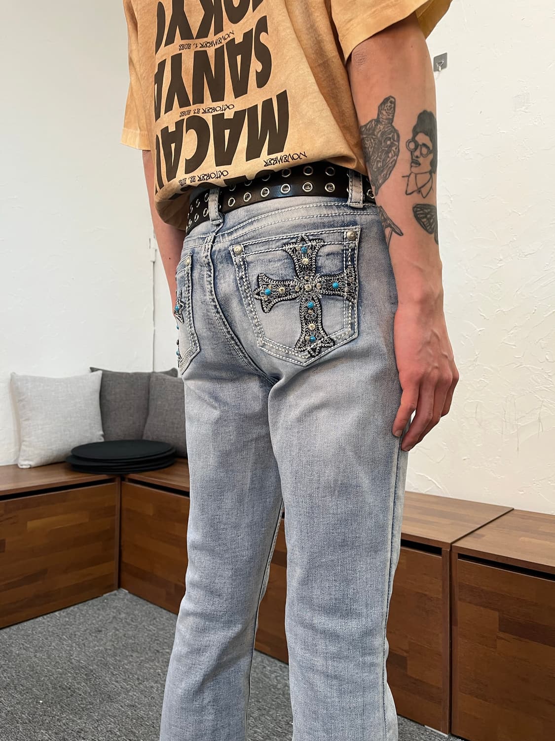 y2k 플레어 크로스 자수 데님 팬츠 상품이미지3