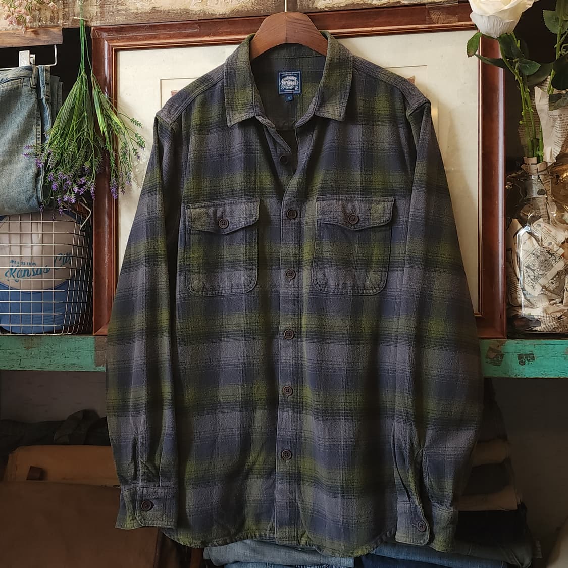 90s 아메리칸 빈티지 체크셔츠 헤비 플란넬 워크셔츠 퍼플 그린 m 상품이미지3