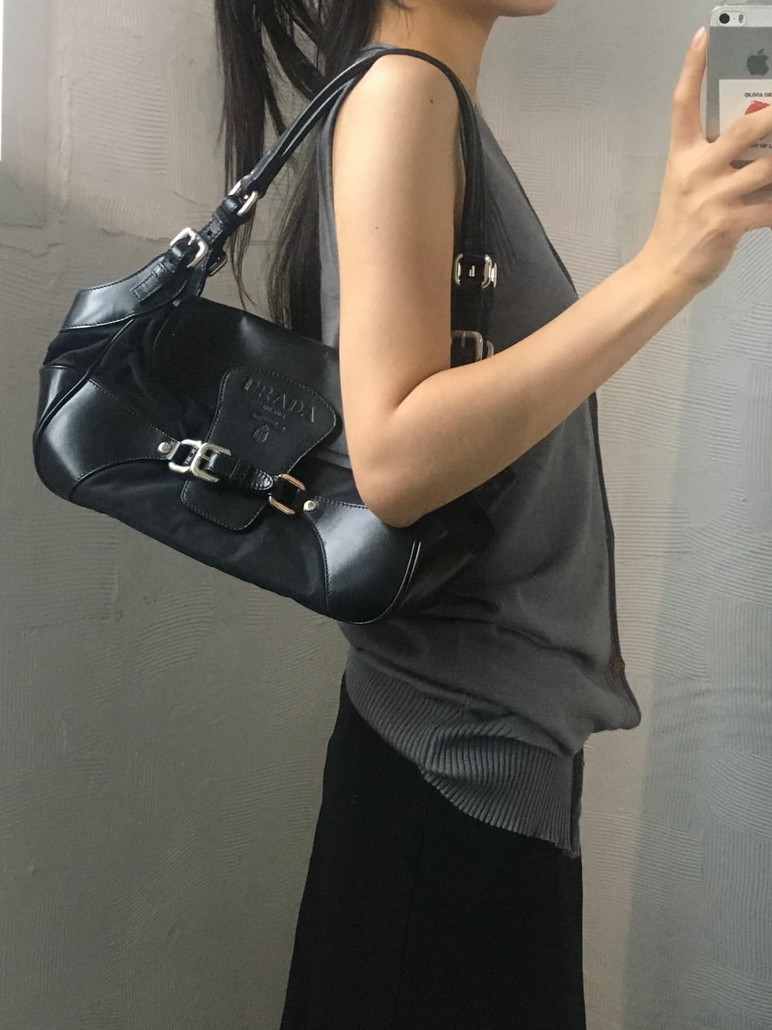 Prada 프라다 블랙 나일론&레더 버클 숄더백  상품이미지7