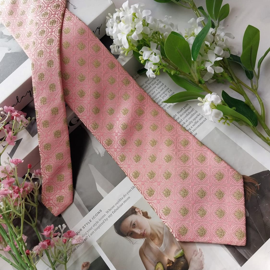 아쿠아스큐텀 실크 핑크 자카드 패턴 넥타이 9.5cm A+등급 K2108 상품이미지2