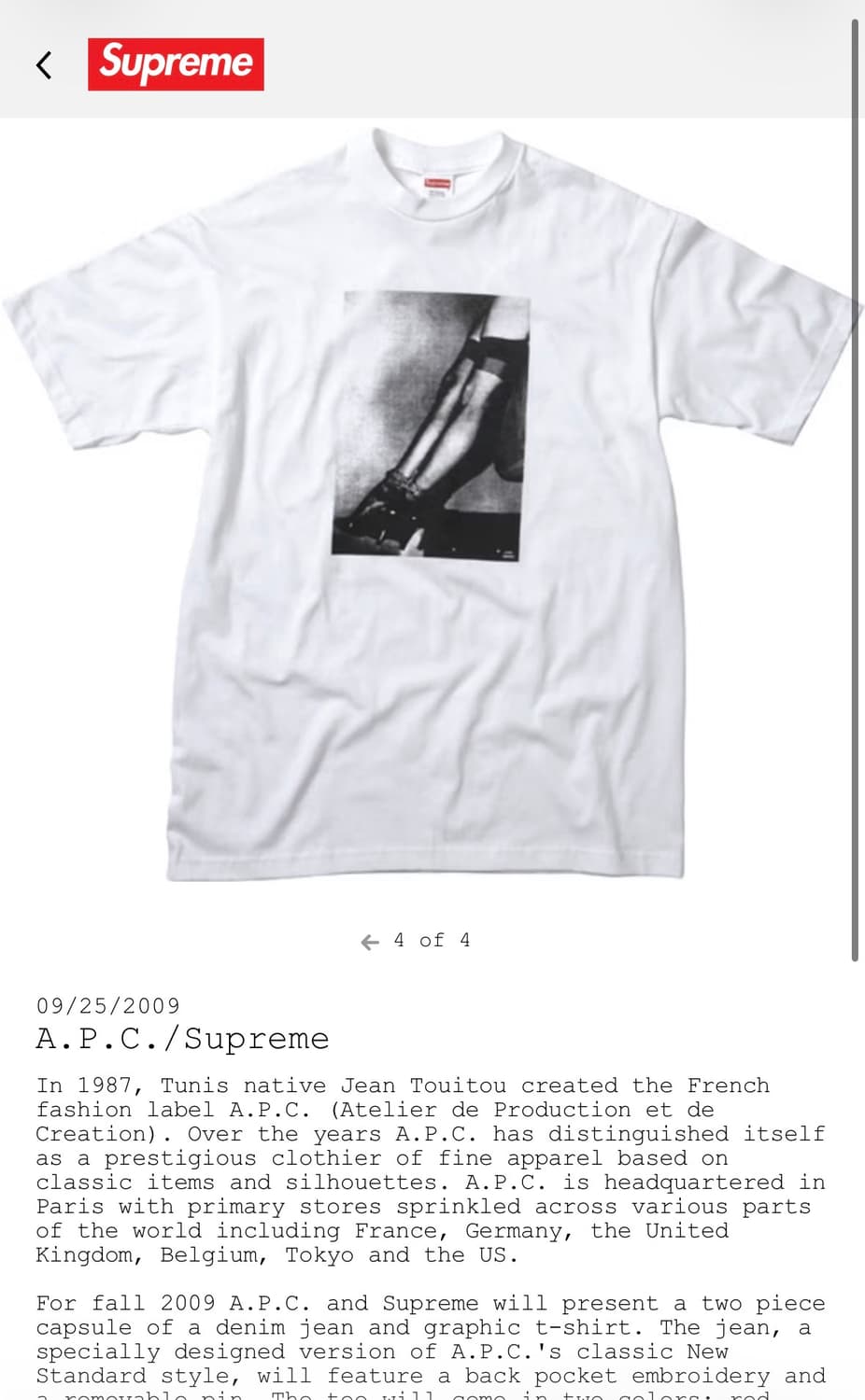 Supreme × A.P.C. Tee (2009) tee 상품이미지7