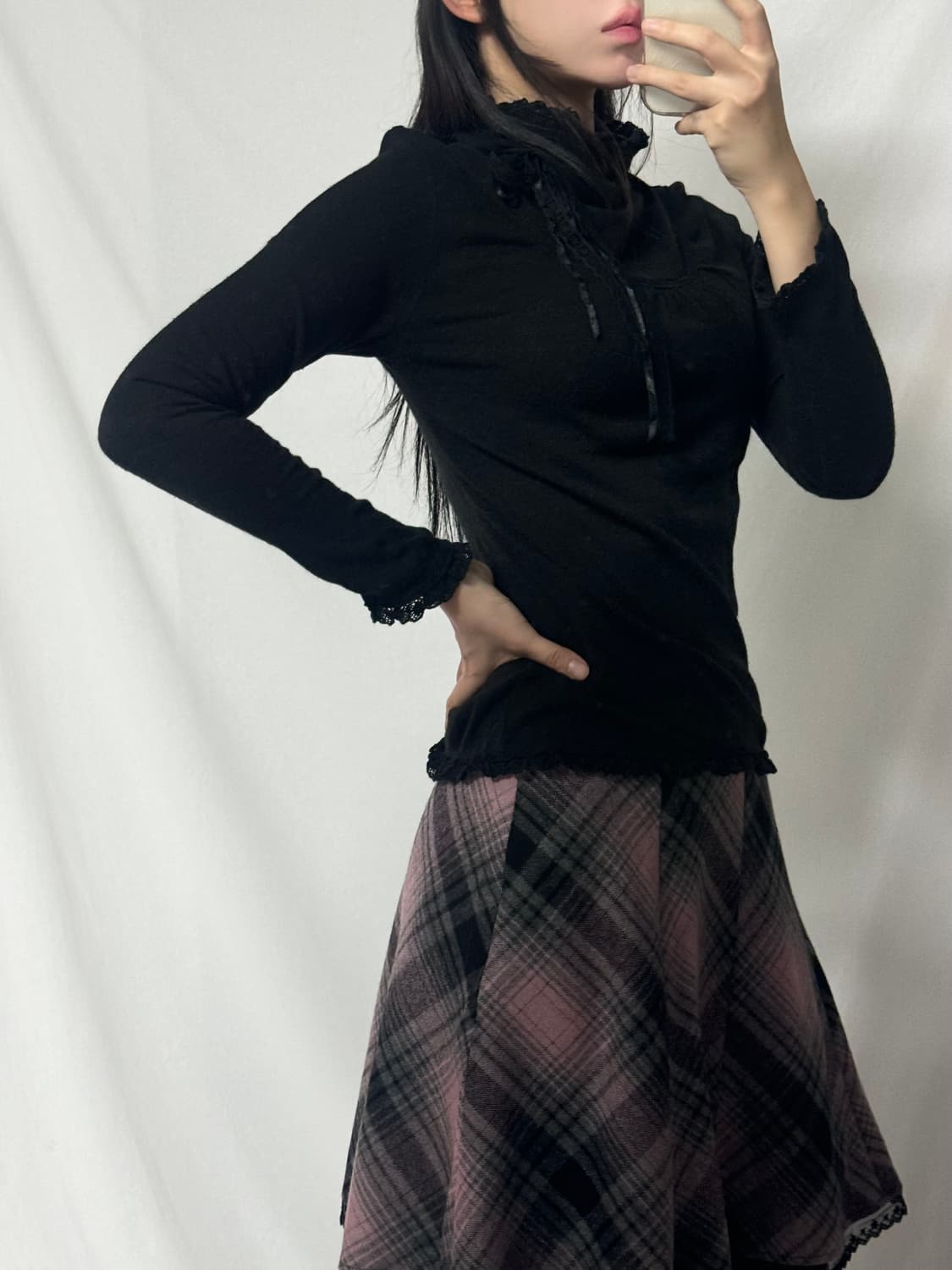울 블렌디트 체크 글리터 패턴 레이스 밑단 스커트 상품이미지9