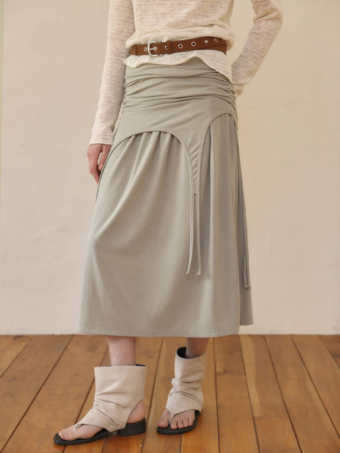 아우로 셔링 타이 롱스커트 (모스) 상품이미지1