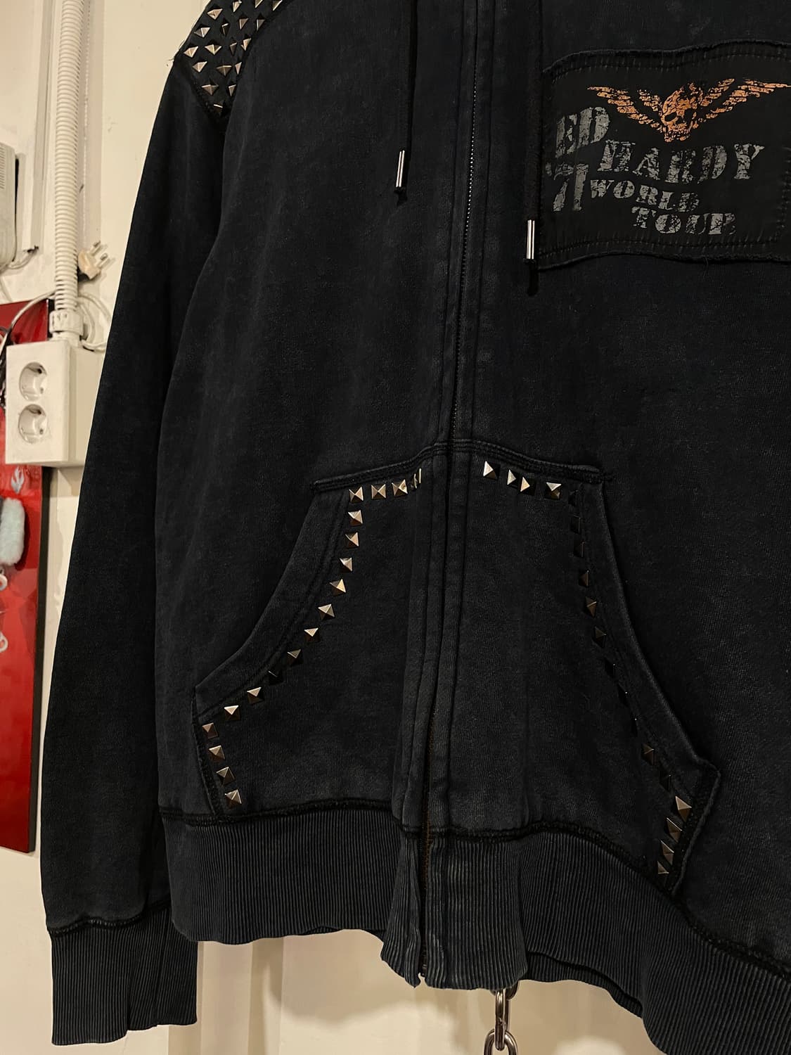 ed hardy 71 월드투어 스터드 패치워크 워싱 네이비 후드집업 상품이미지4