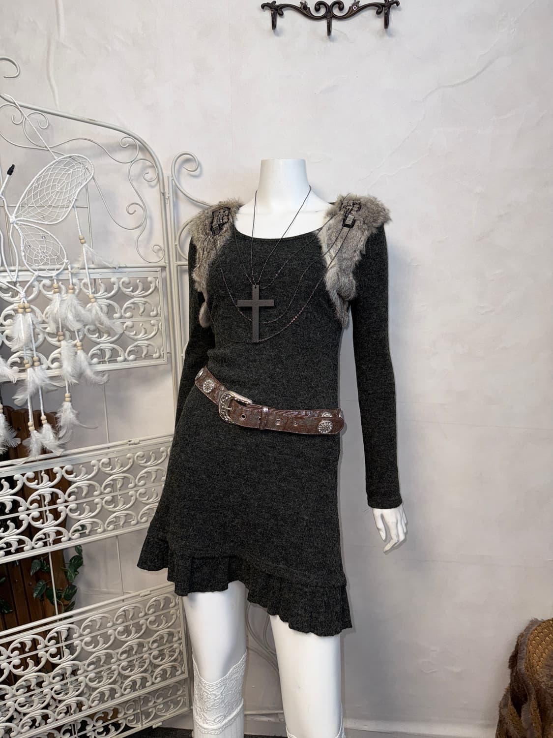 Charcoal rabbit fur trimming wool ops 상품이미지2