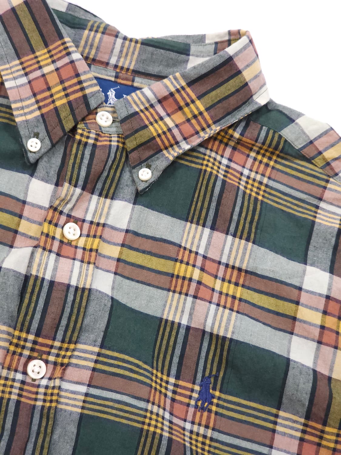 [M] 90s 폴로 랄프로렌 그린/머스타드 클래식 핏 체크 반팔 셔츠 상품이미지3