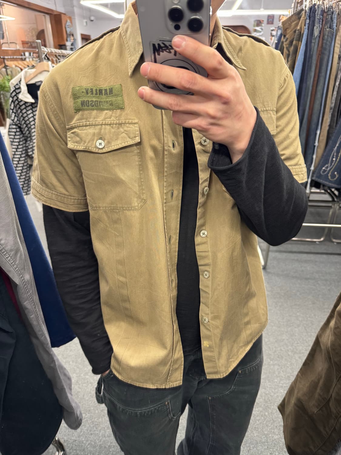 XL)할리데이비슨 빈티지 올리브 사파리 반팔셔츠 상품이미지1