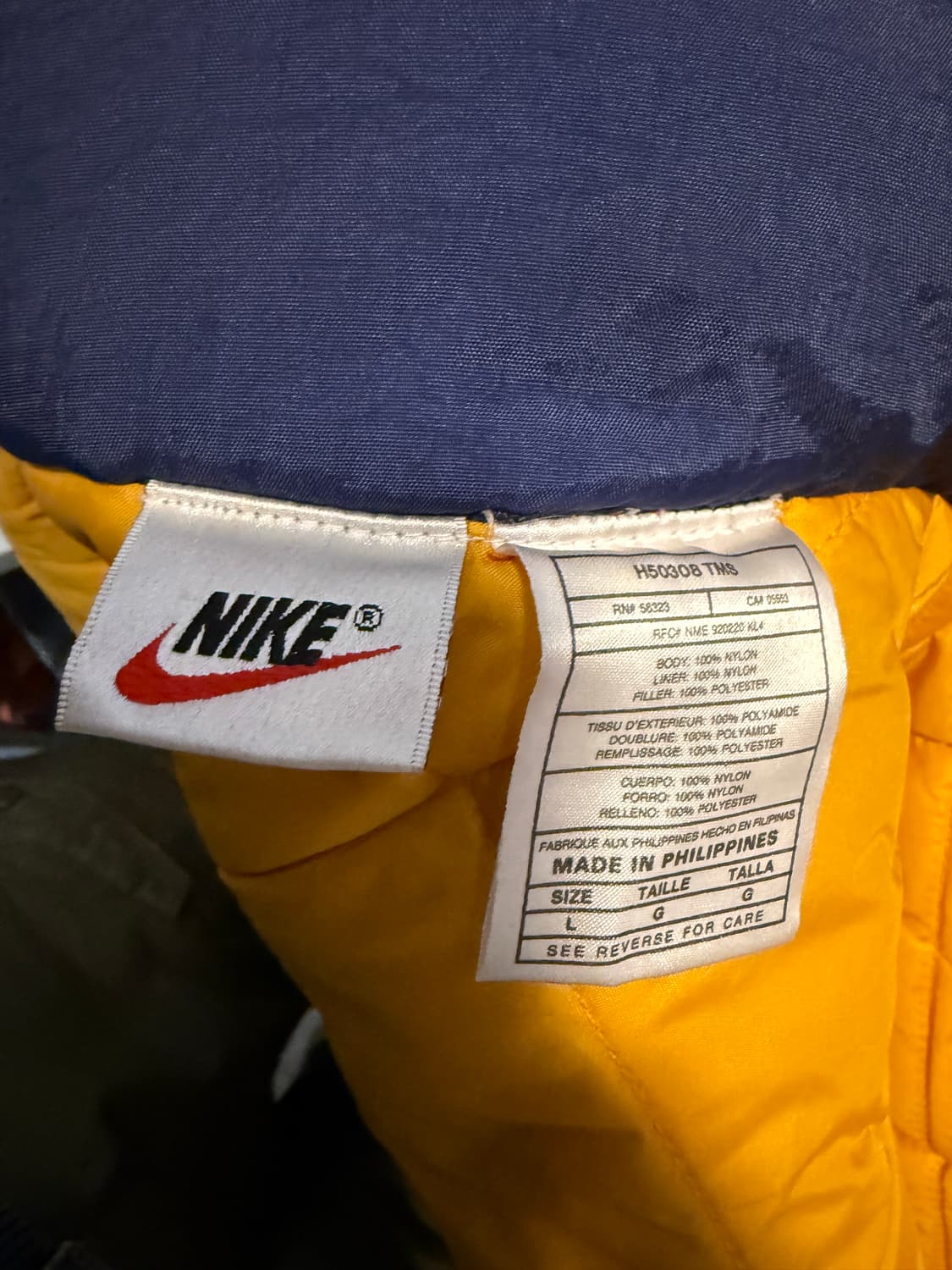 90s NIKE 나일론 퀼팅 파카 네이비/옐로우 L 상품이미지4