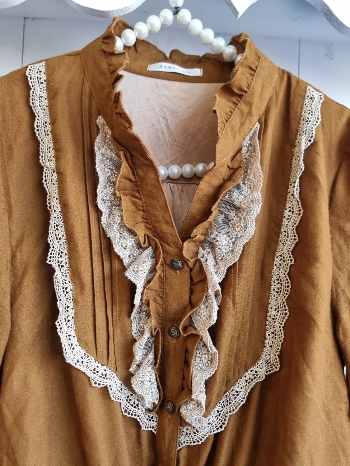 axes femme(악시즈팜므) 카라멜 브라운 레이스 프릴 셔츠 원피스 상품이미지3