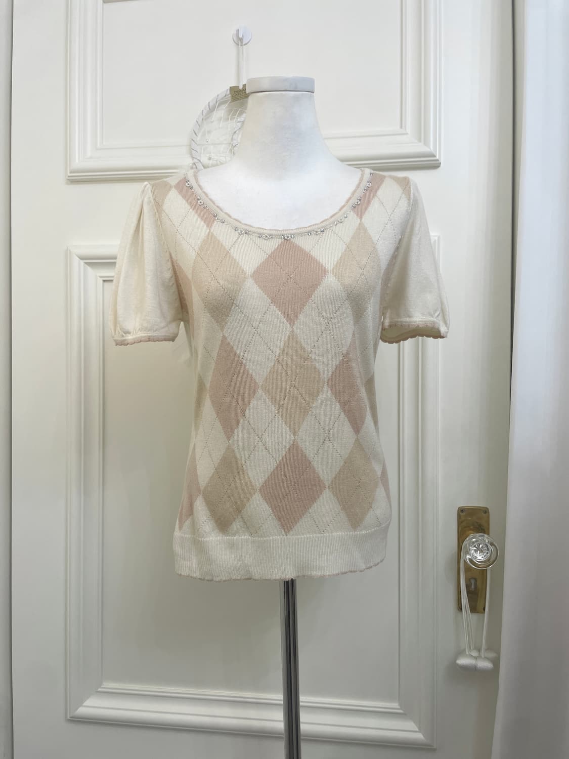 pink beige puff sleeve gold glitter knit 상품이미지1