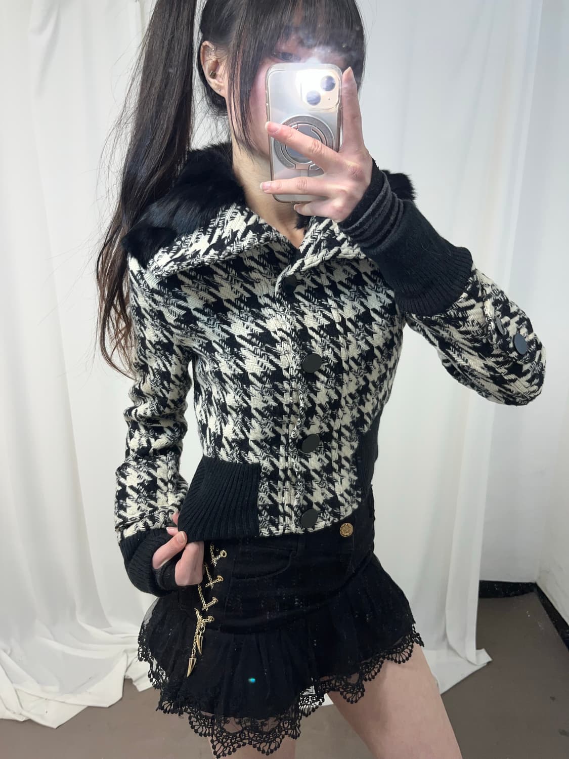 체크 카라 래빗퍼 숏코트 자켓 상품이미지2