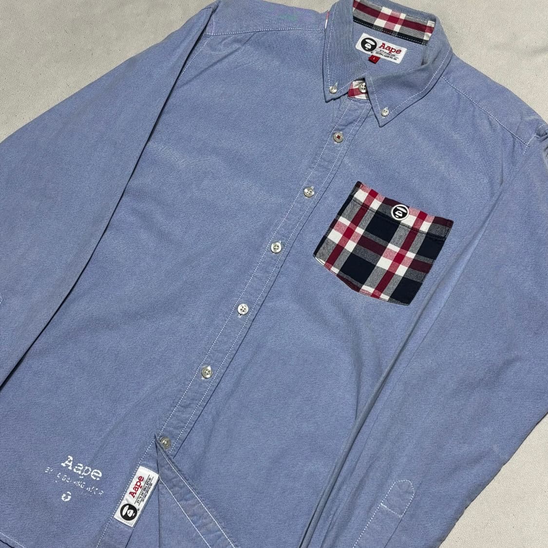 🫶🏻 에이프 체크패치 스카이블루 코튼 셔츠🫶🏻 상품이미지2