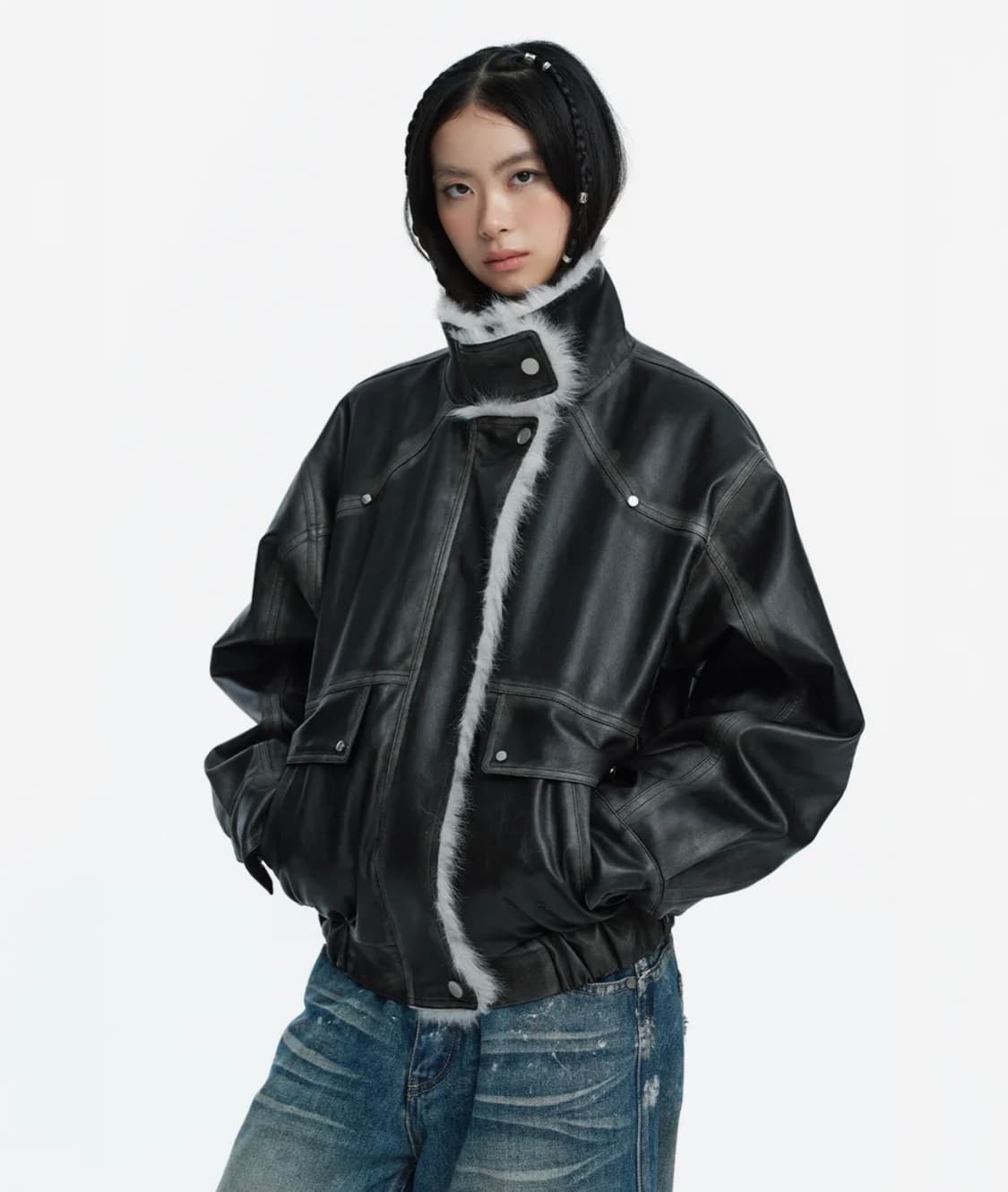워싱 레더 무스탕 자켓 그레이 상품이미지1