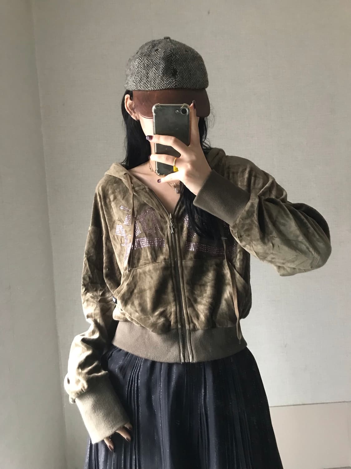 배디 카키 벨벳 큐빅 후드집업 상품이미지5