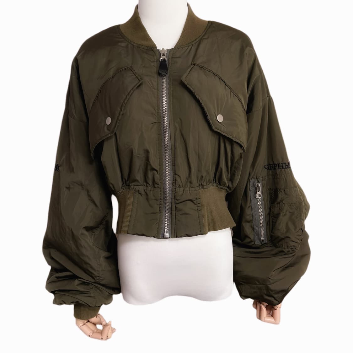 (이체시에눌) 일본 백 레터링 크롭 항공 점퍼 카키 색상 자켓 상품이미지1