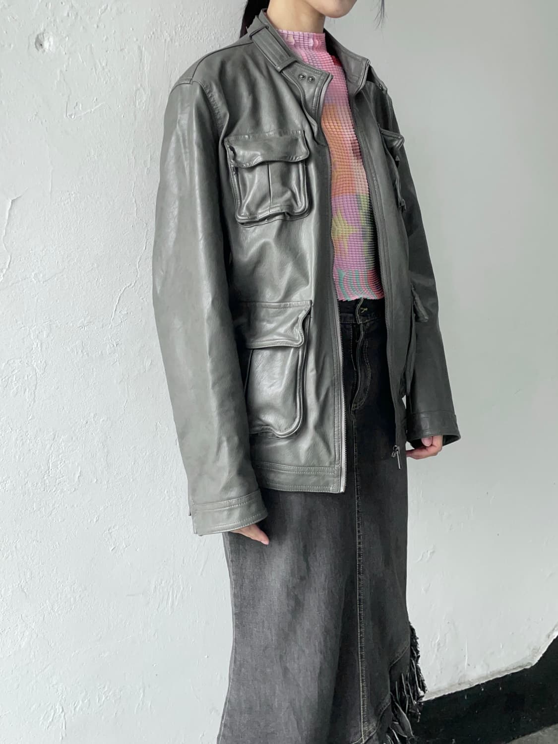 Cement gray leather field jacket 상품이미지2