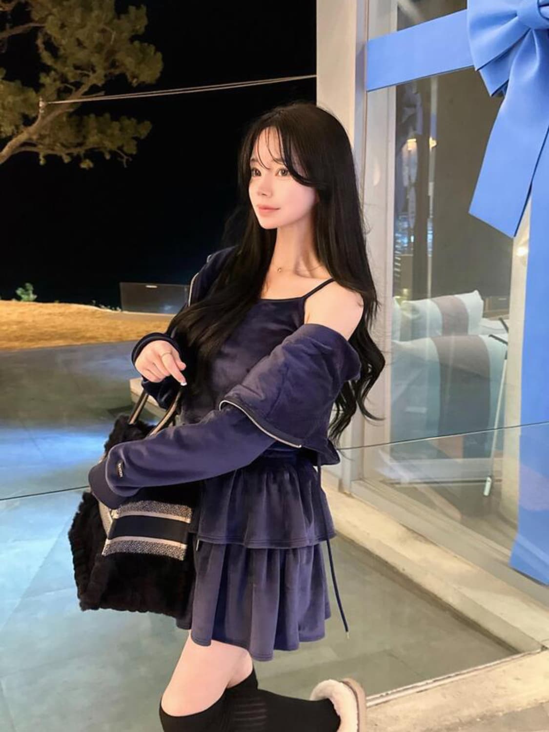 메이윤 제작 벨벳 벨루어 양면 극세사 후드집업 스커트 세트 셋업 네이비 상품이미지3
