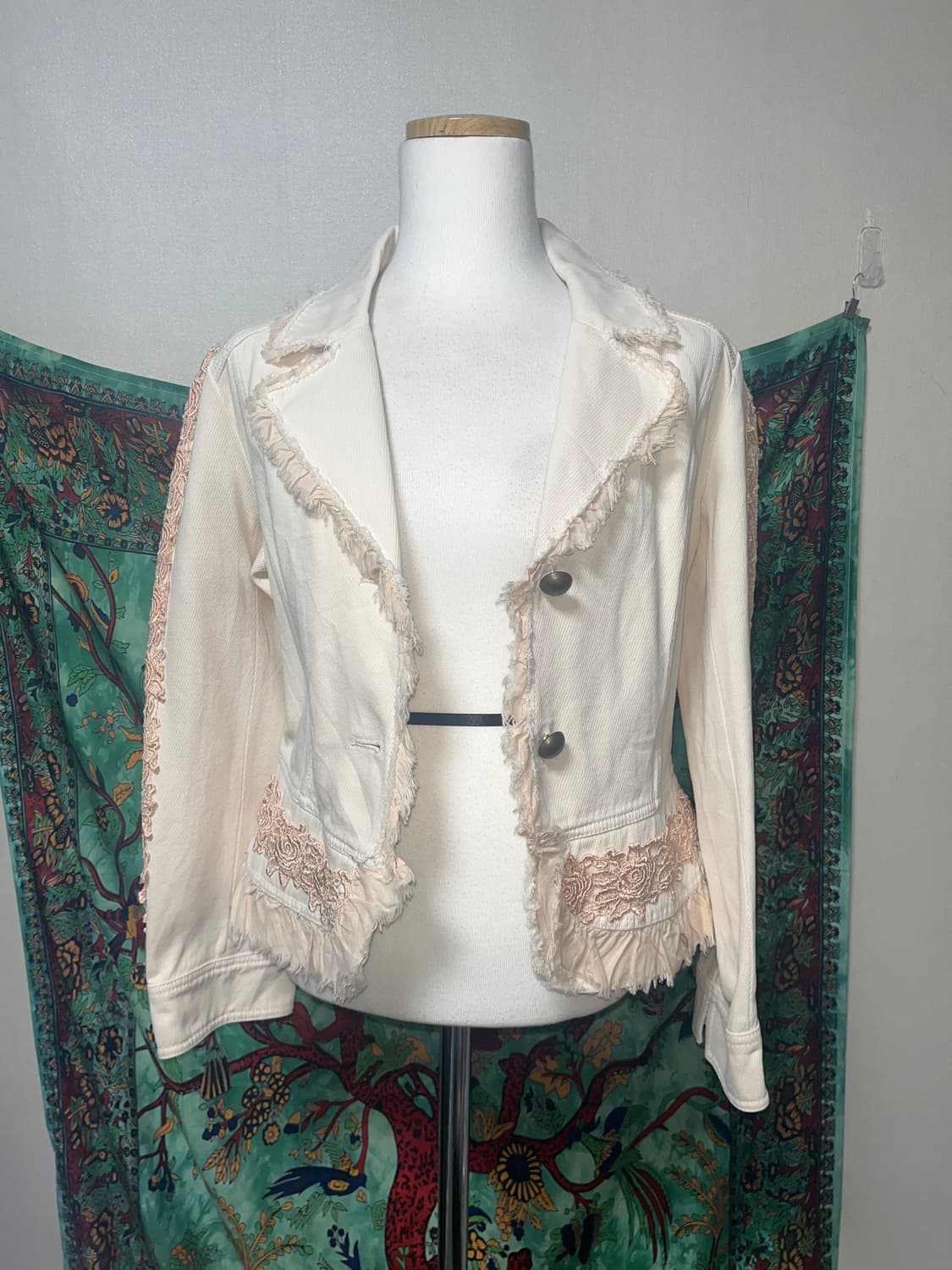 빈티지 보헤미안 히피 모리걸 웨스턴 프릴 레이스 자수 크롭 데님 자켓 상품이미지1