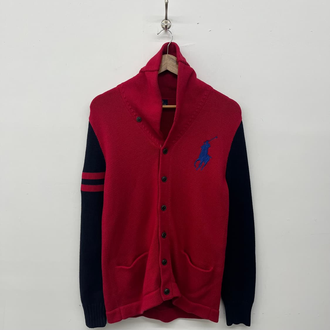 폴로 랄프로렌 빅포니 레드 네이비 가디건 니트 여/XL 상품이미지1