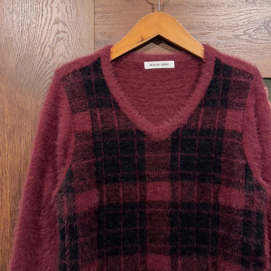 일본 빈티지 버건디 클래식 체크 프레피 브이넥 앙고라 퍼 니트 상품이미지6